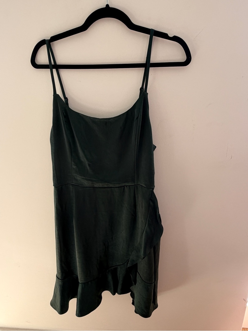 wild fable Dark Green Satin Slip Dress with Ruffle Hem